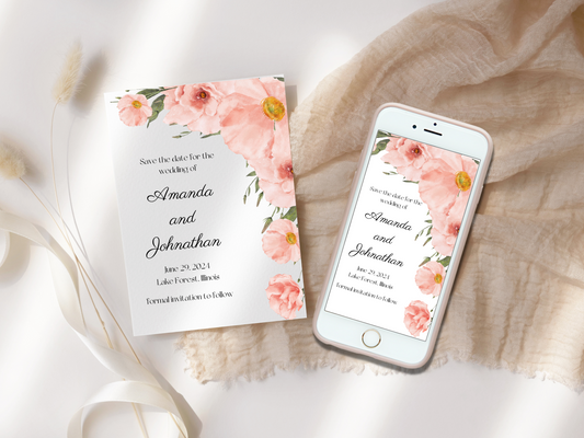 Soft Pink Floral Wedding Save the Date Templates, Printable & Digital Templates