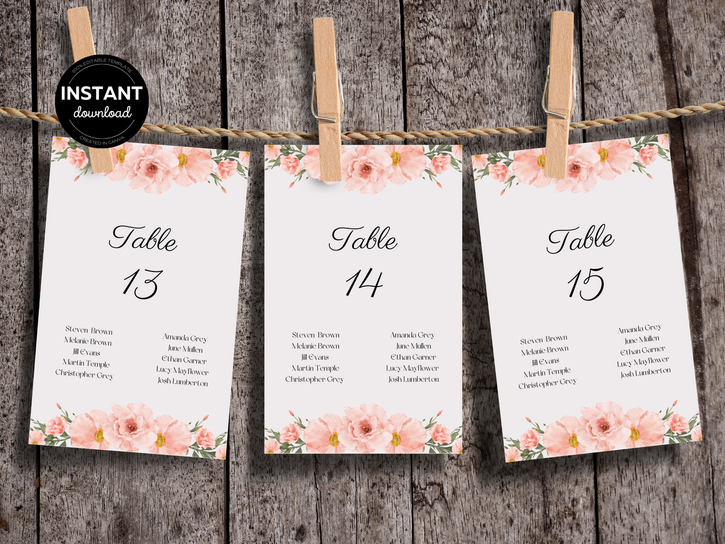 Soft Pink Floral Wedding Seating Template Bundle, Printable Templates