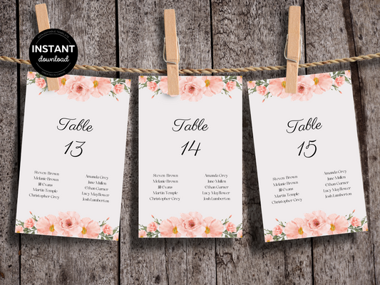 Soft Pink Floral Wedding Seating Chart Card Templates, Printable Templates