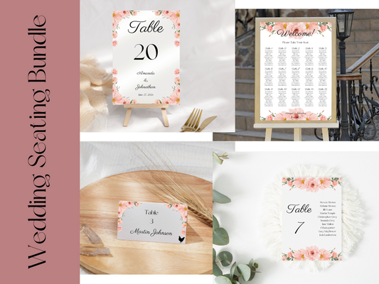 Soft Pink Floral Wedding Seating Template Bundle, Printable Templates
