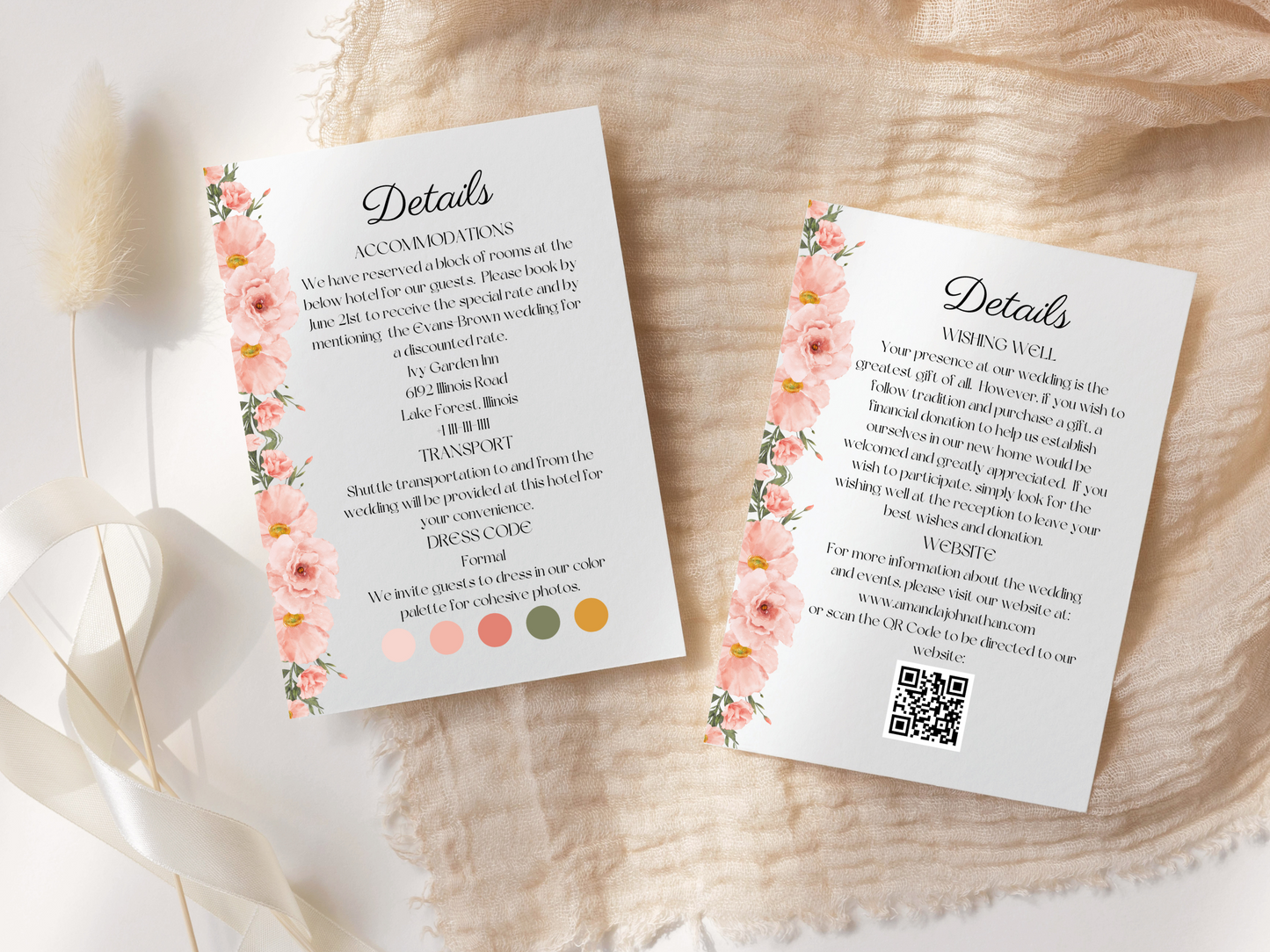 Soft Pink Floral Wedding Invitation & Insert Card Template Bundle, Printable & Electronic Templates