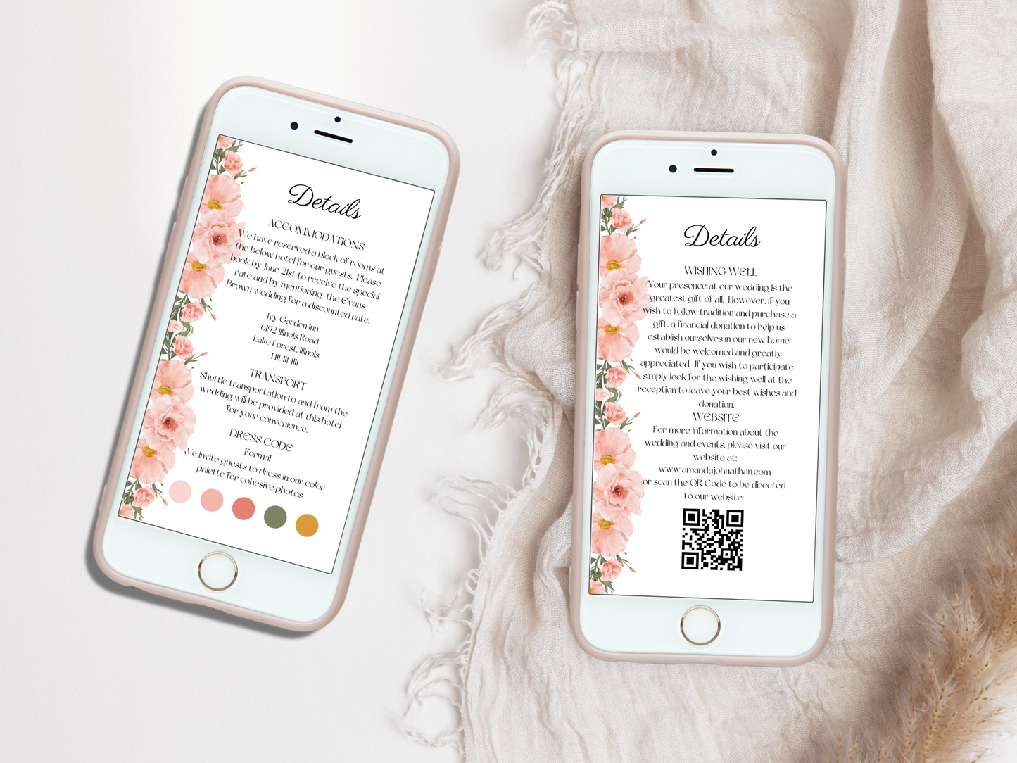 Soft Pink Floral Wedding Invitation & Insert Card Template Bundle, Printable & Electronic Templates