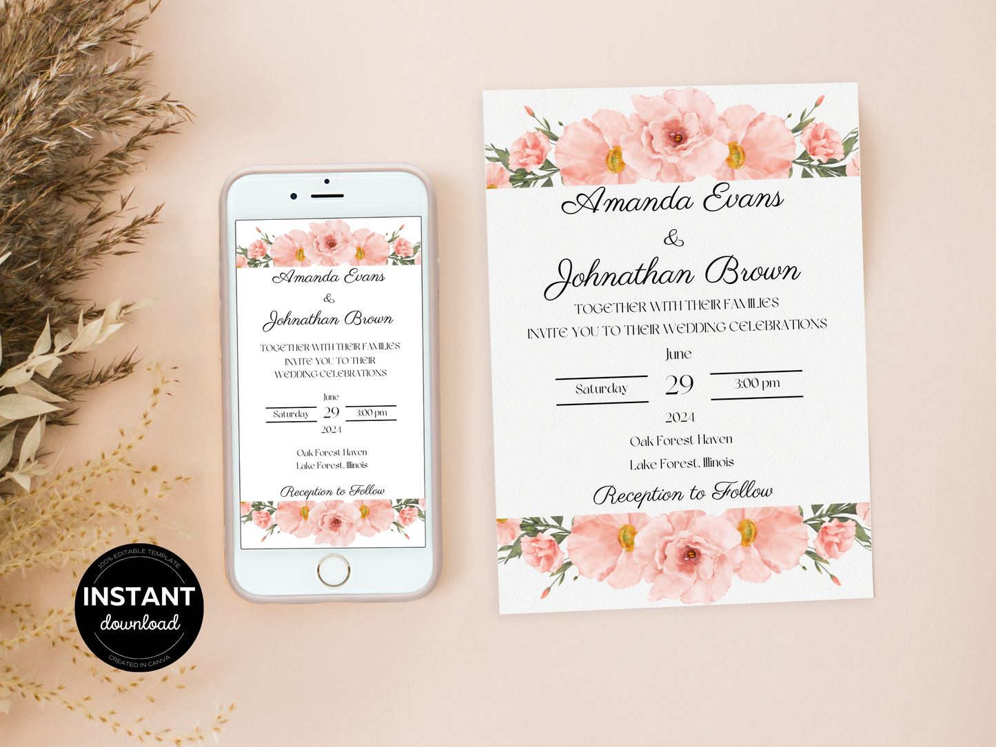 Soft Pink Floral Wedding Invitation Templates, Printable & Digital Templates