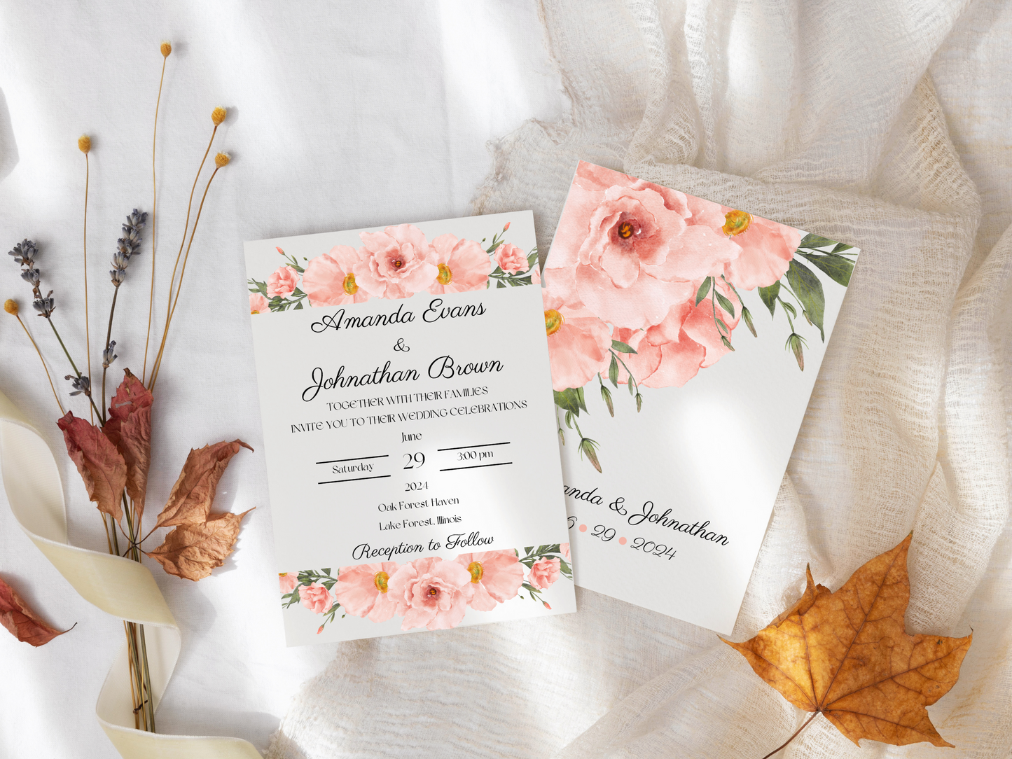 Soft Pink Floral Wedding Invitation Templates, Printable & Digital Templates