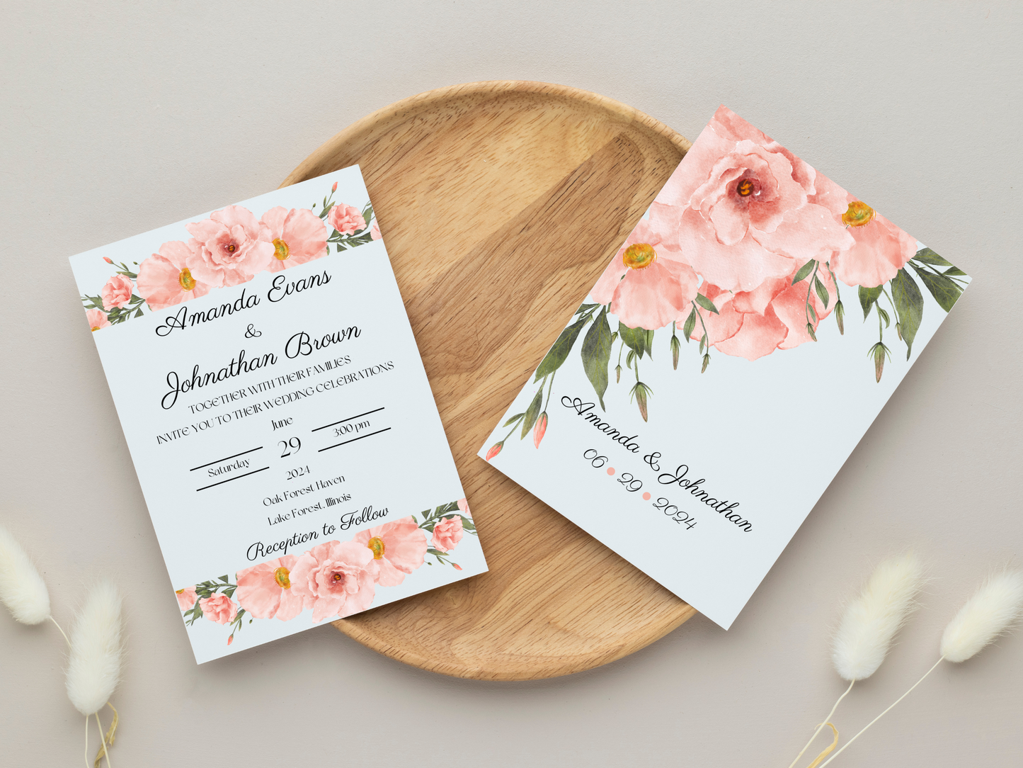 Soft Pink Floral Wedding Invitation & Insert Card Template Bundle, Printable & Electronic Templates