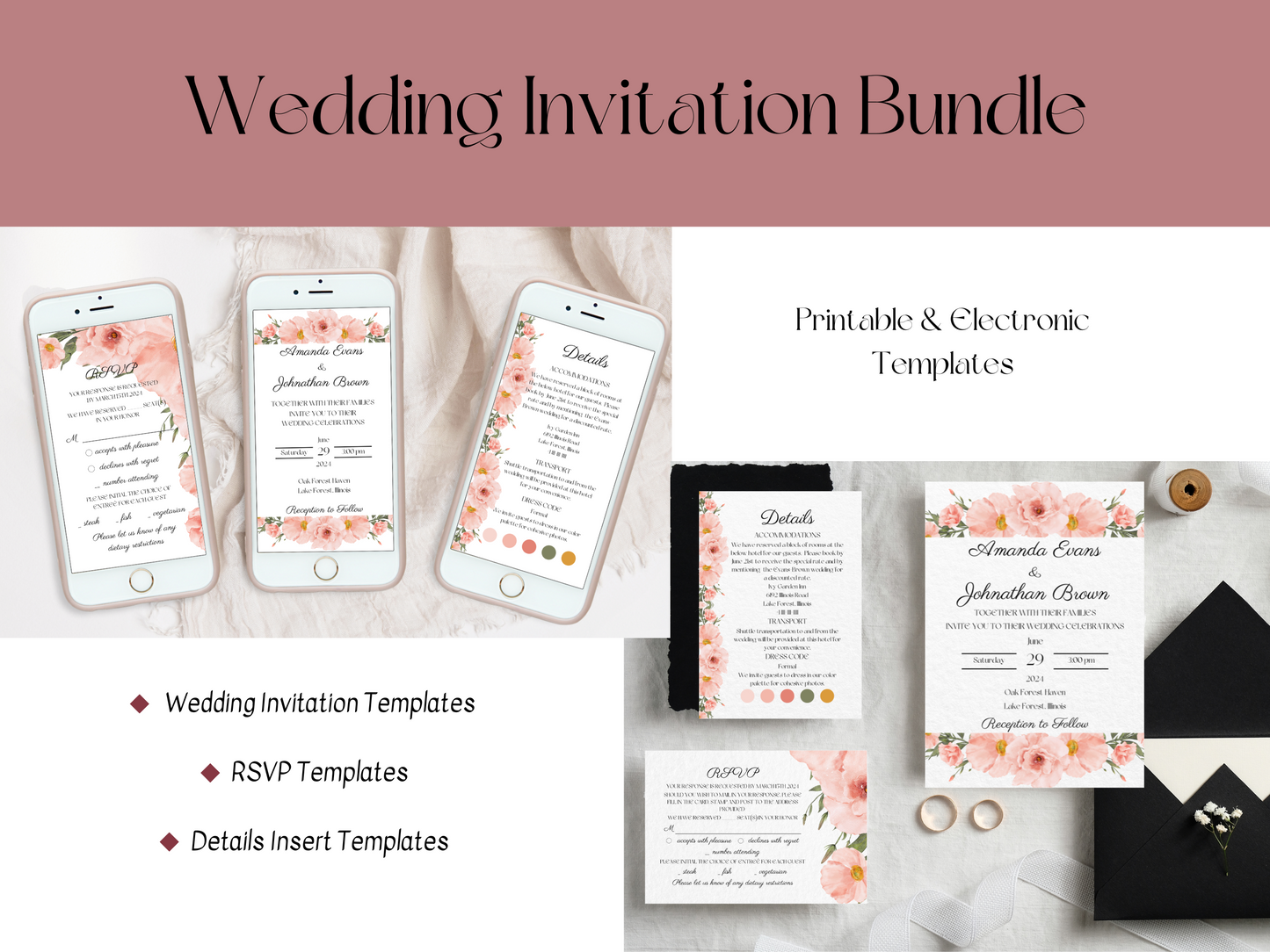 Soft Pink Floral Wedding Invitation & Insert Card Template Bundle, Printable & Electronic Templates