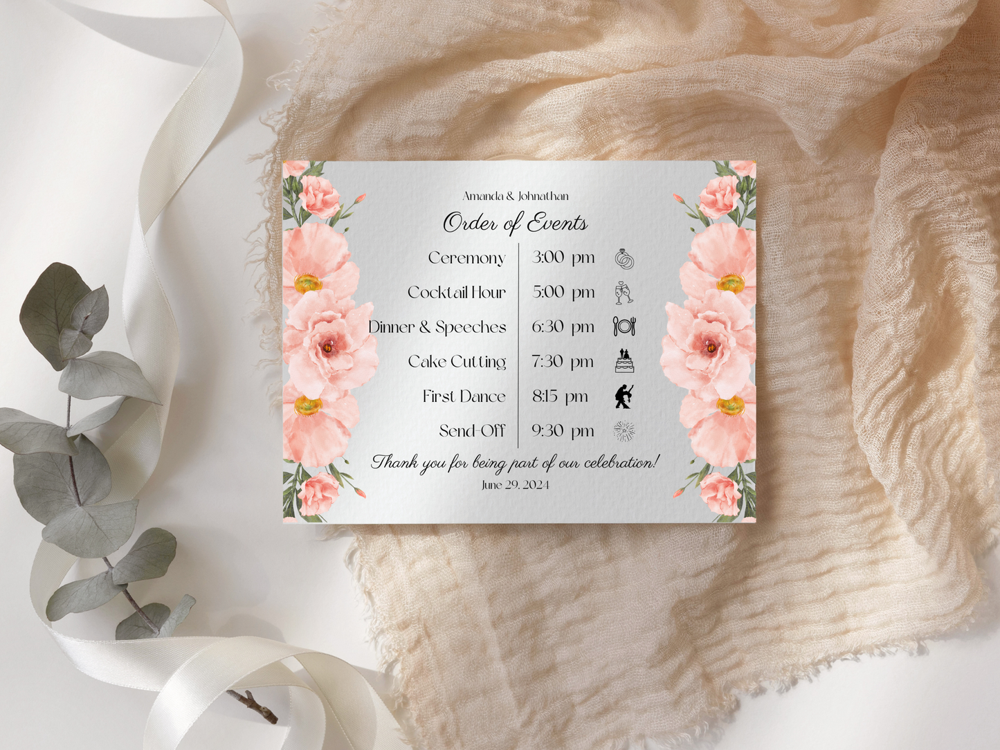 Soft Pink Floral Wedding Order of Event Templates, Printable Templates