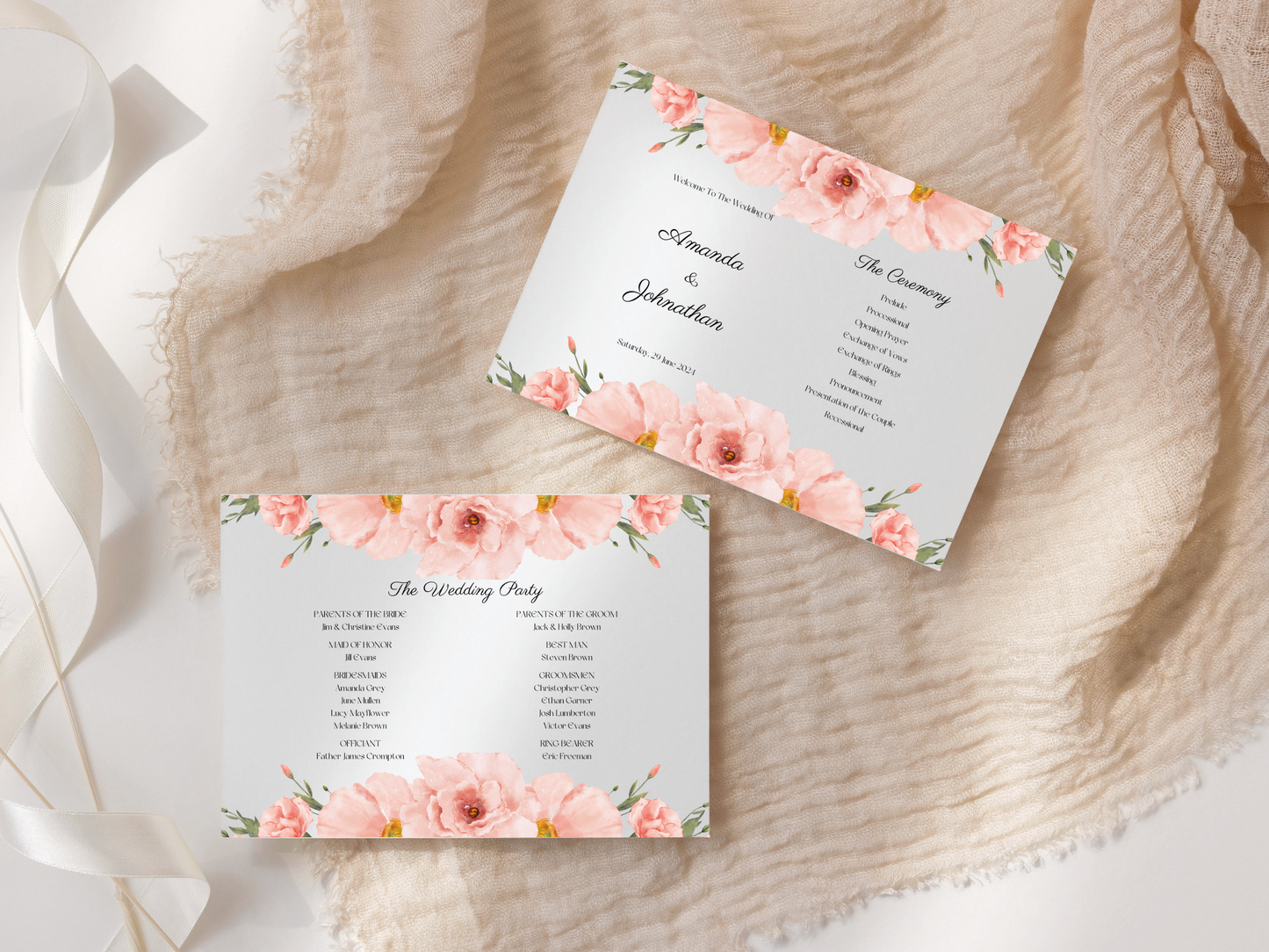 Soft Pink Floral Wedding Program Templates, Printable Templates