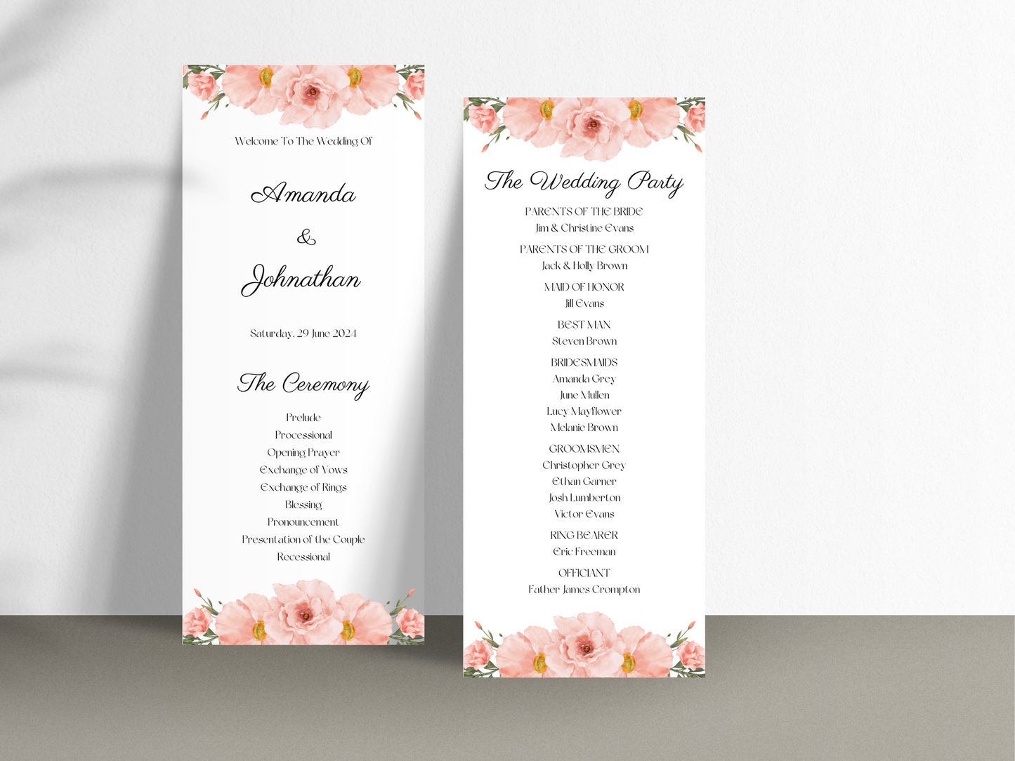 Soft Pink Floral Wedding Program Templates, Printable Templates