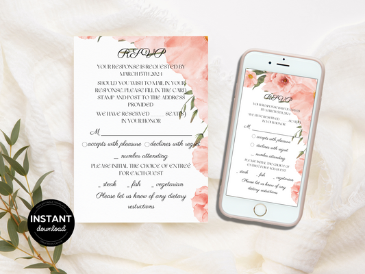 Soft Pink Floral Wedding RSVP Card Template, Printable & Electronic Templates
