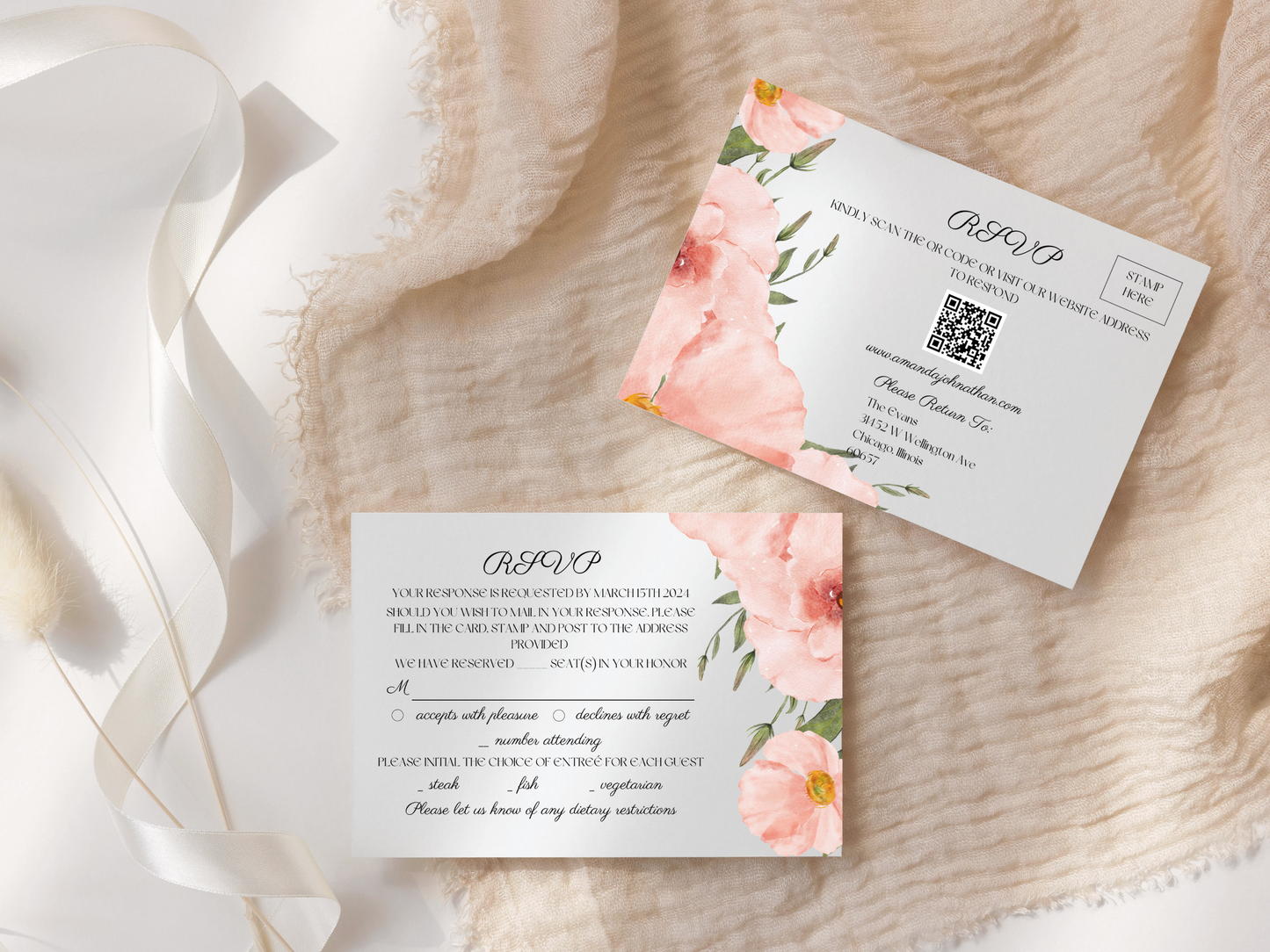 Soft Pink Floral Wedding RSVP Card Template, Printable & Electronic Templates