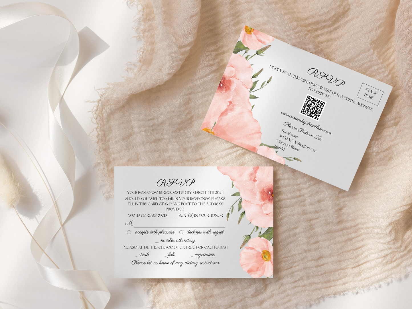 Soft Pink Floral Wedding Invitation & Insert Card Template Bundle, Printable & Electronic Templates