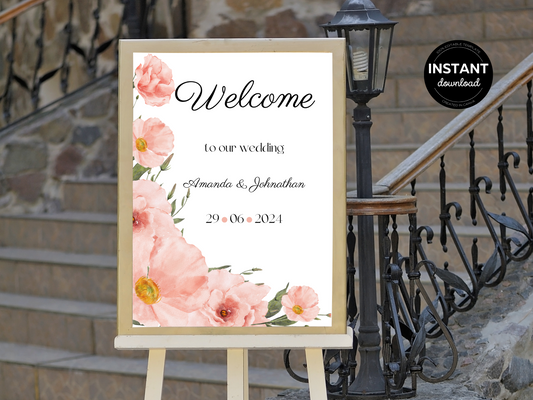 Soft Pink Floral Wedding Welcome Sign Templates, Printable Templates