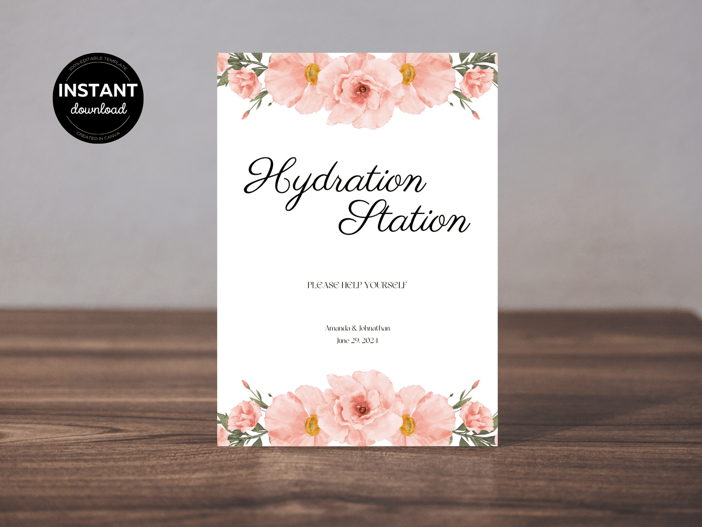 Soft Pink Floral "Hydration Station" Water Sign, Printable Templates