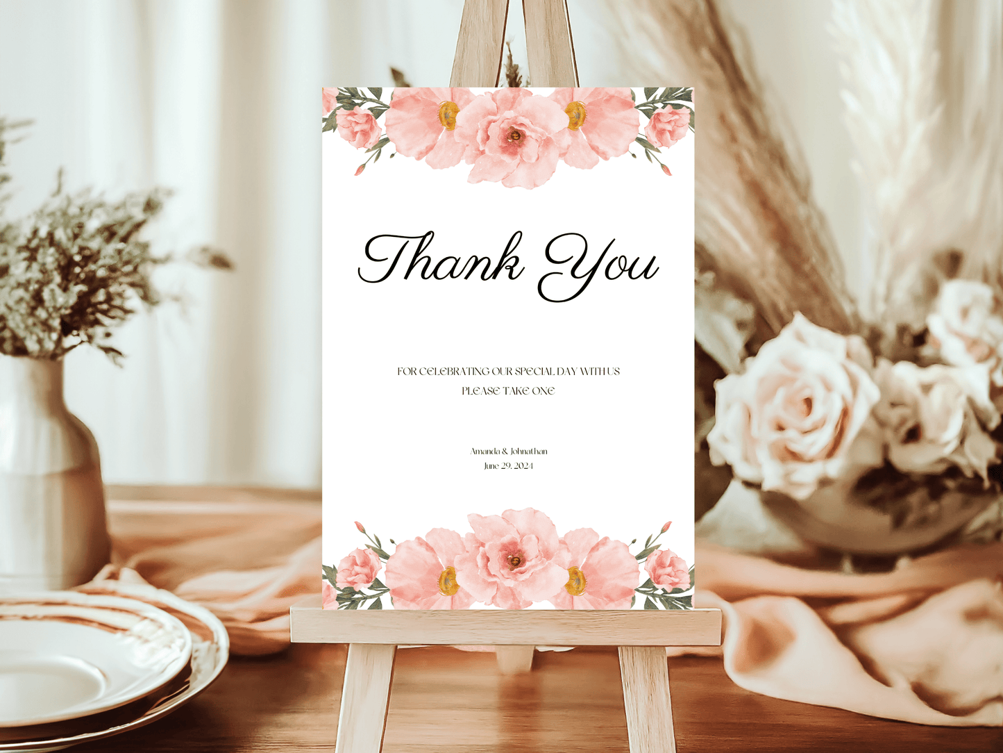 Soft Pink Floral "Thank You Please Take One" Favor Sign, Printable Templates