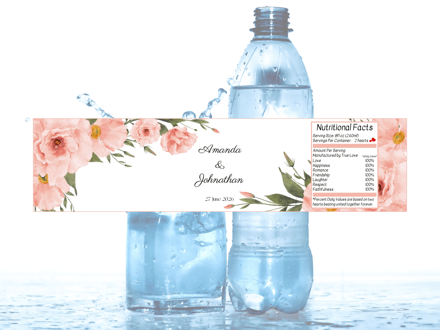 Soft Pink Floral Wedding Water Bottle Sticker Label & Sign Set, Printable Templates