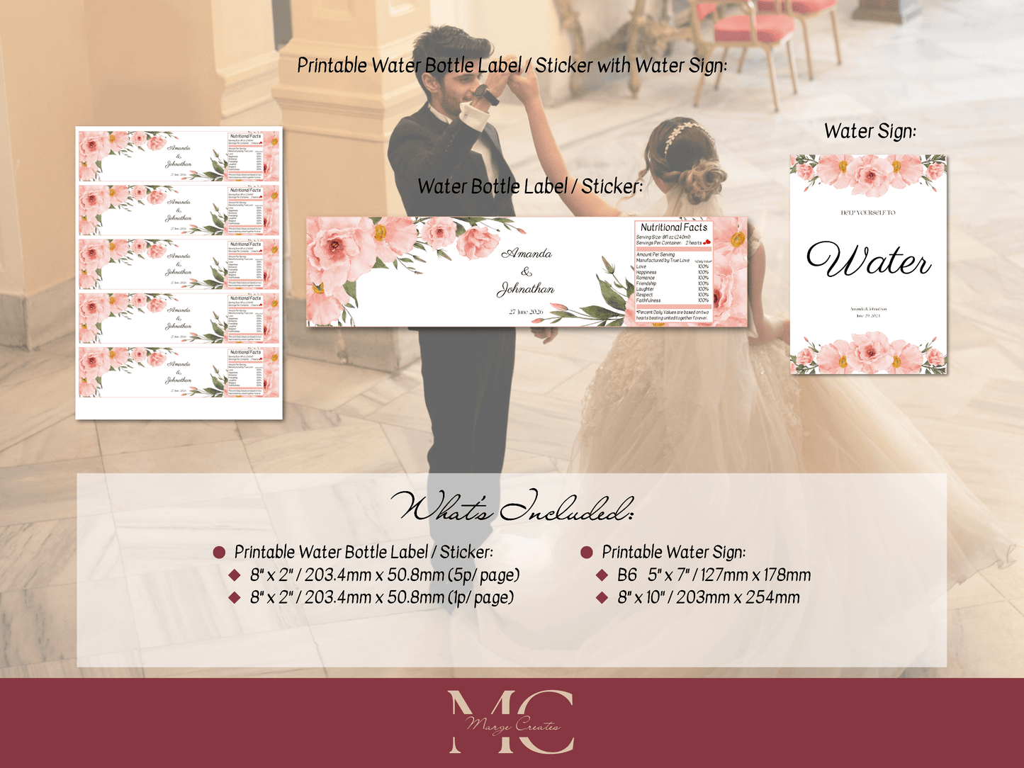 Soft Pink Floral Wedding Water Bottle Sticker Label & Sign Set, Printable Templates