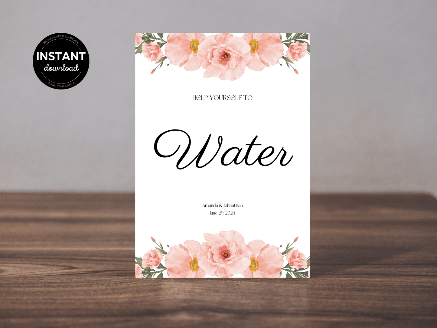 Soft Pink Floral "Help Yourself To Water" Water Sign, Printable Templates