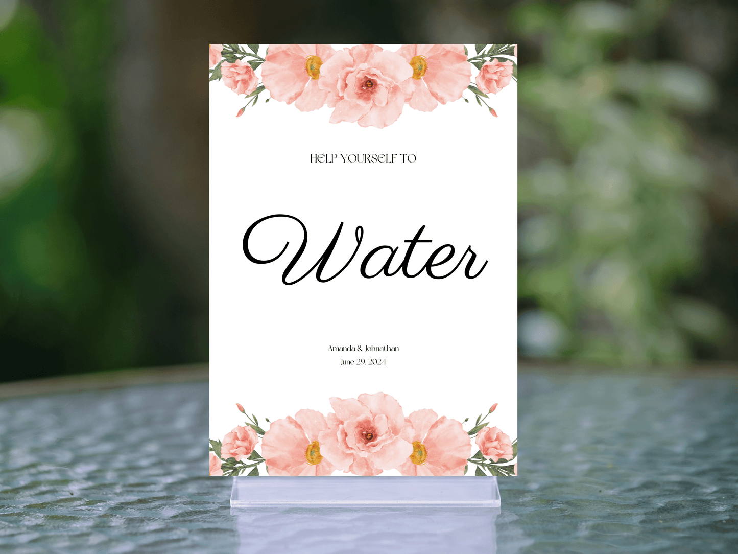 Soft Pink Floral "Help Yourself To Water" Water Sign, Printable Templates