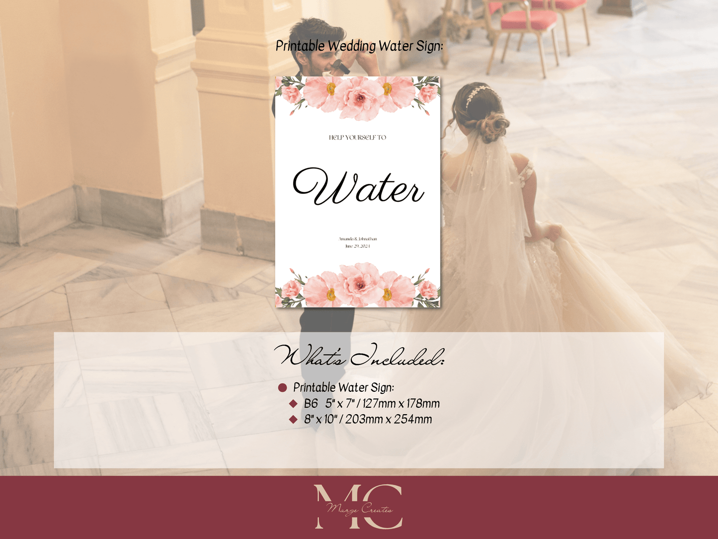 Soft Pink Floral "Help Yourself To Water" Water Sign, Printable Templates