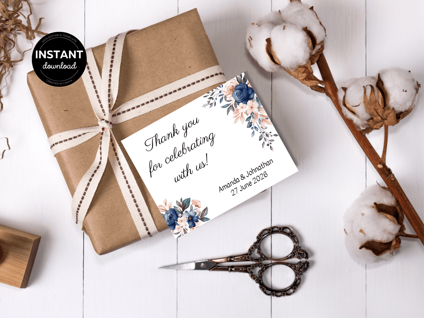Pink & Blue Floral Rectangular Wedding Favor Tags / Sticker / Label & Sign Set, Printable Templates