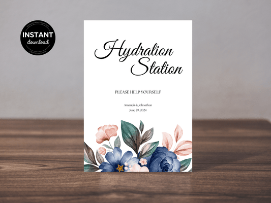 Pink & Blue Floral "Hydration Station" Water Sign, Printable Templates