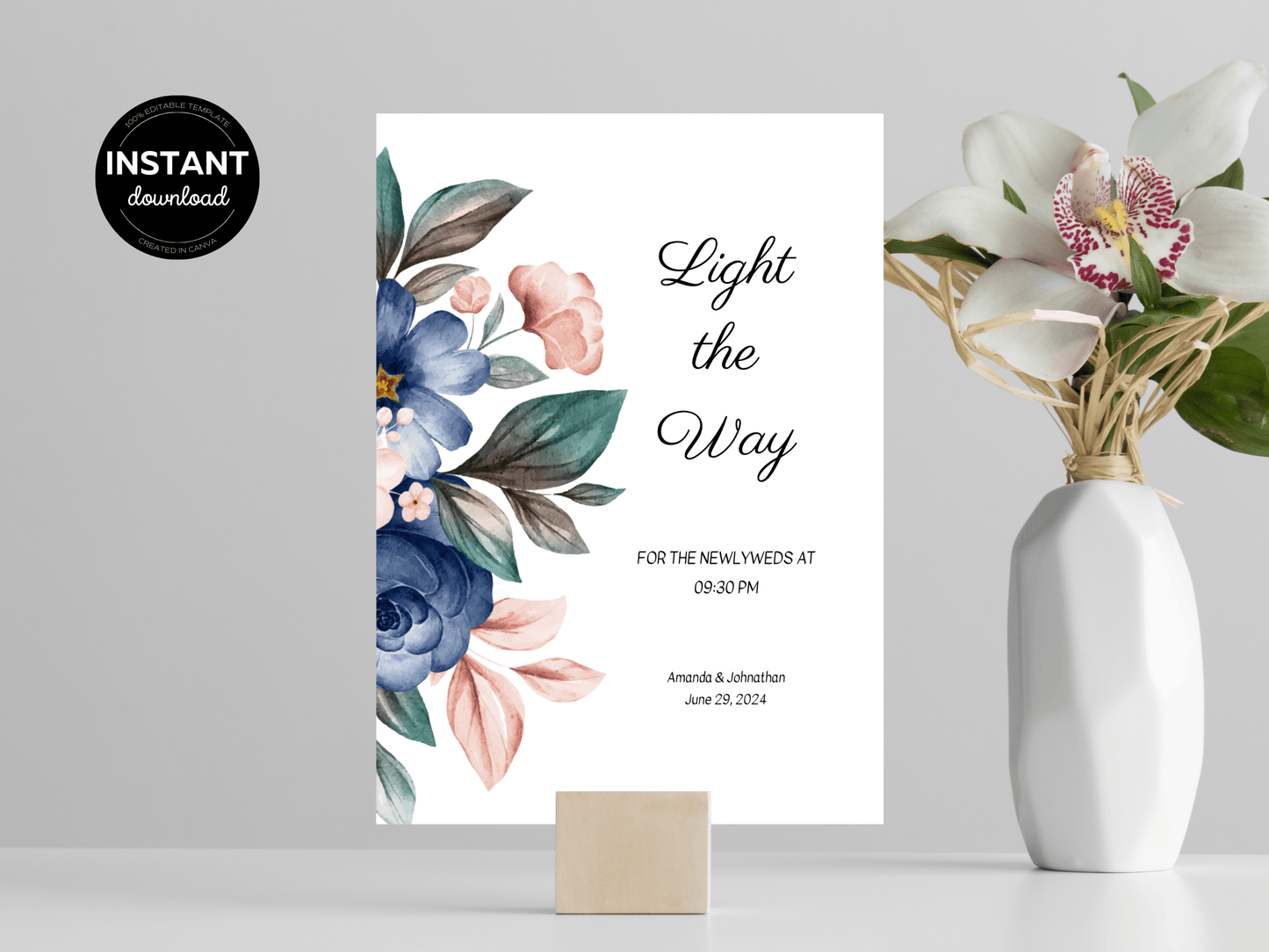 Pink & Blue Floral "Light the Way" Sparkler Sign, Printable Templates