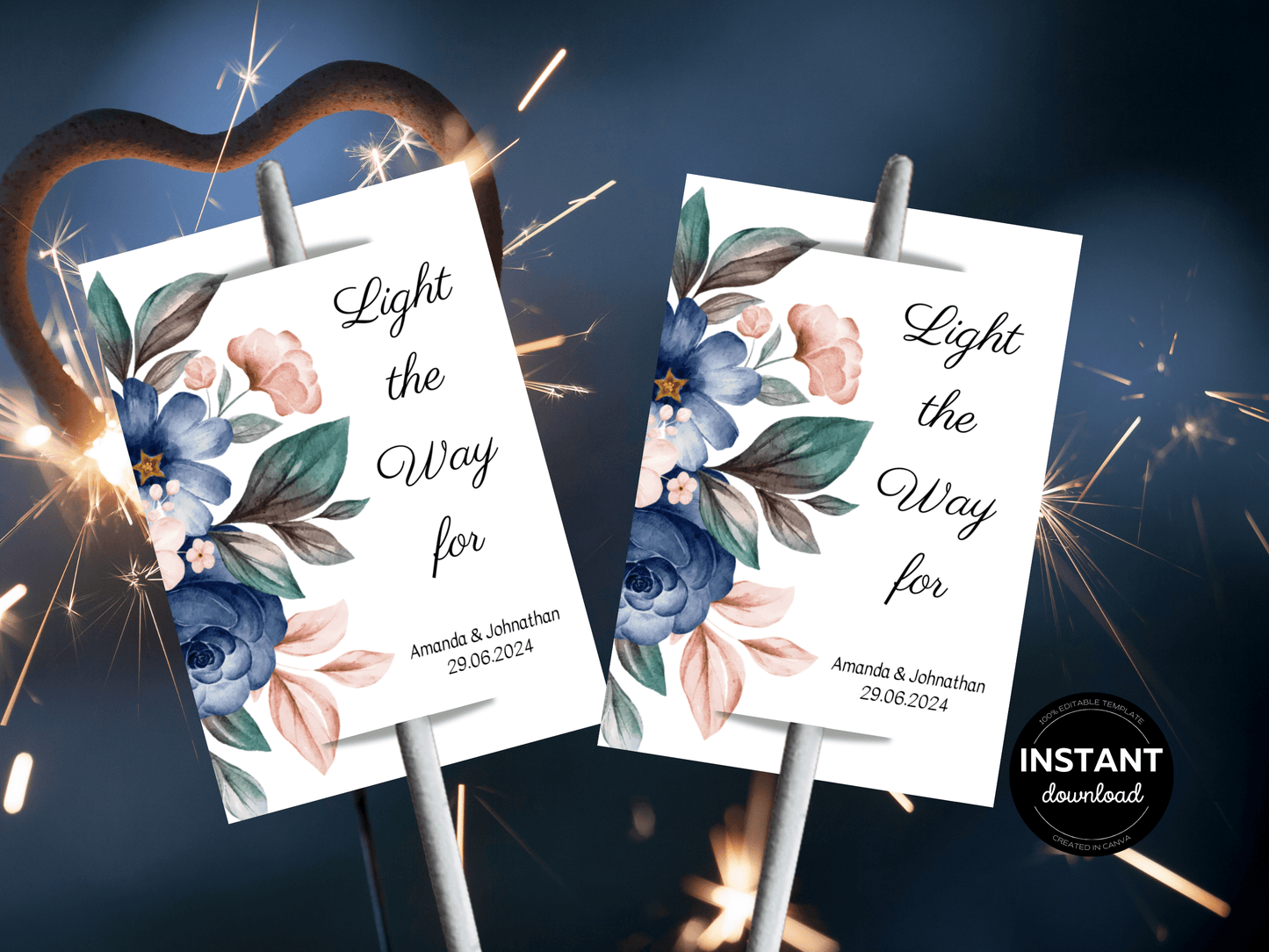 Pink & Blue Floral Wedding "Light the Way" Sparkler Tags & Sign Set, Printable Templates