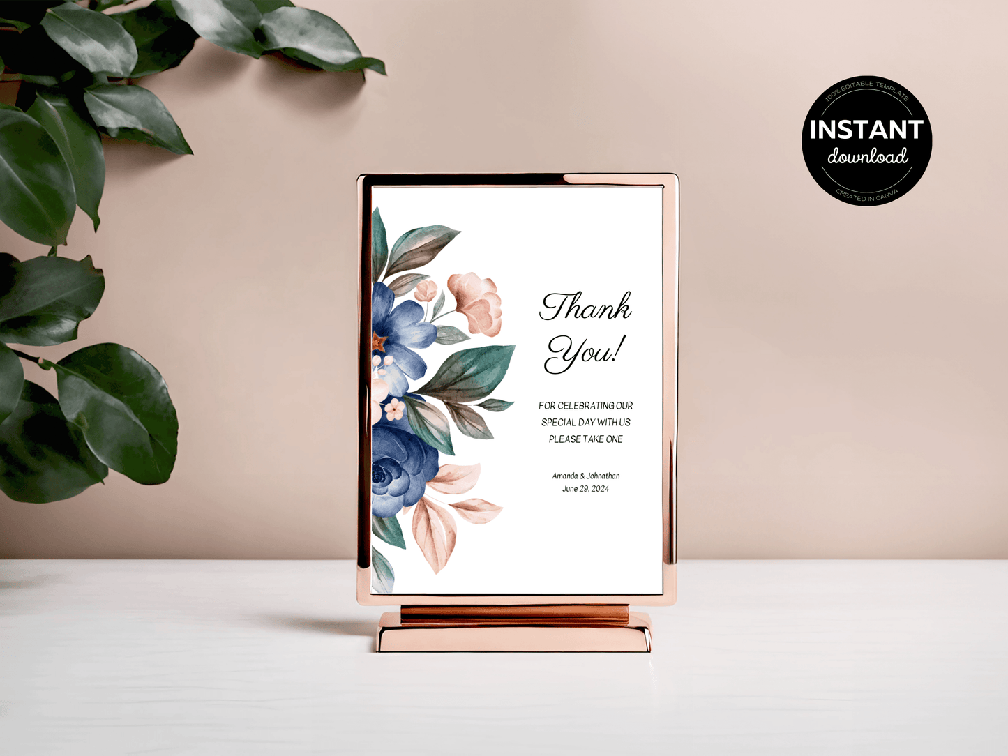 Pink & Blue Floral "Thank You Please Take One" Favor Sign, Printable Templates