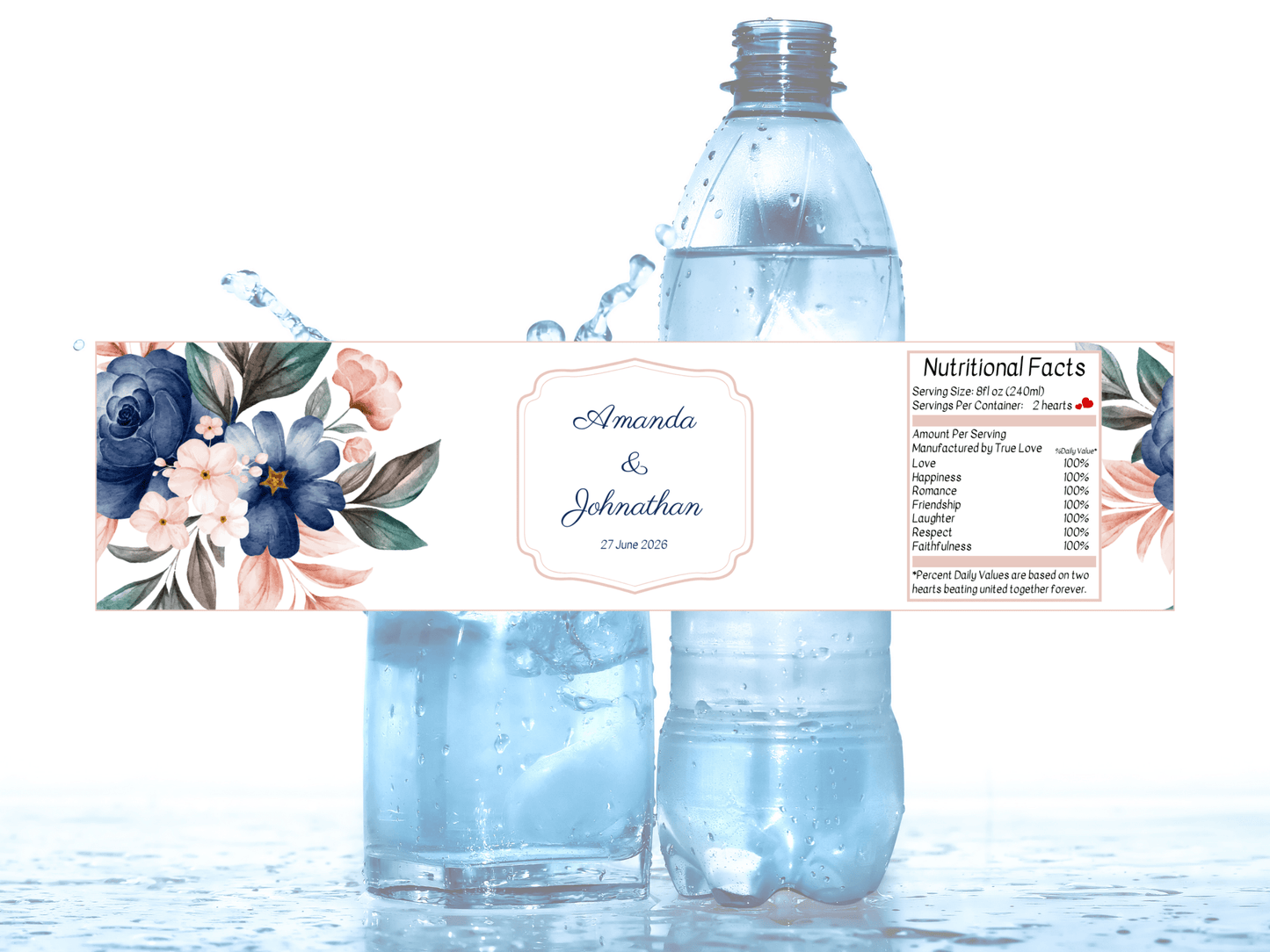 Pink & Blue Floral Wedding Water Bottle Sticker Label & Sign Set, Printable Templates