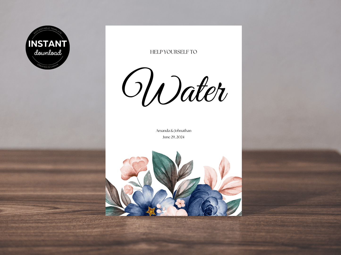 Pink & Blue Floral "Help Yourself To Water" Water Sign, Printable Templates