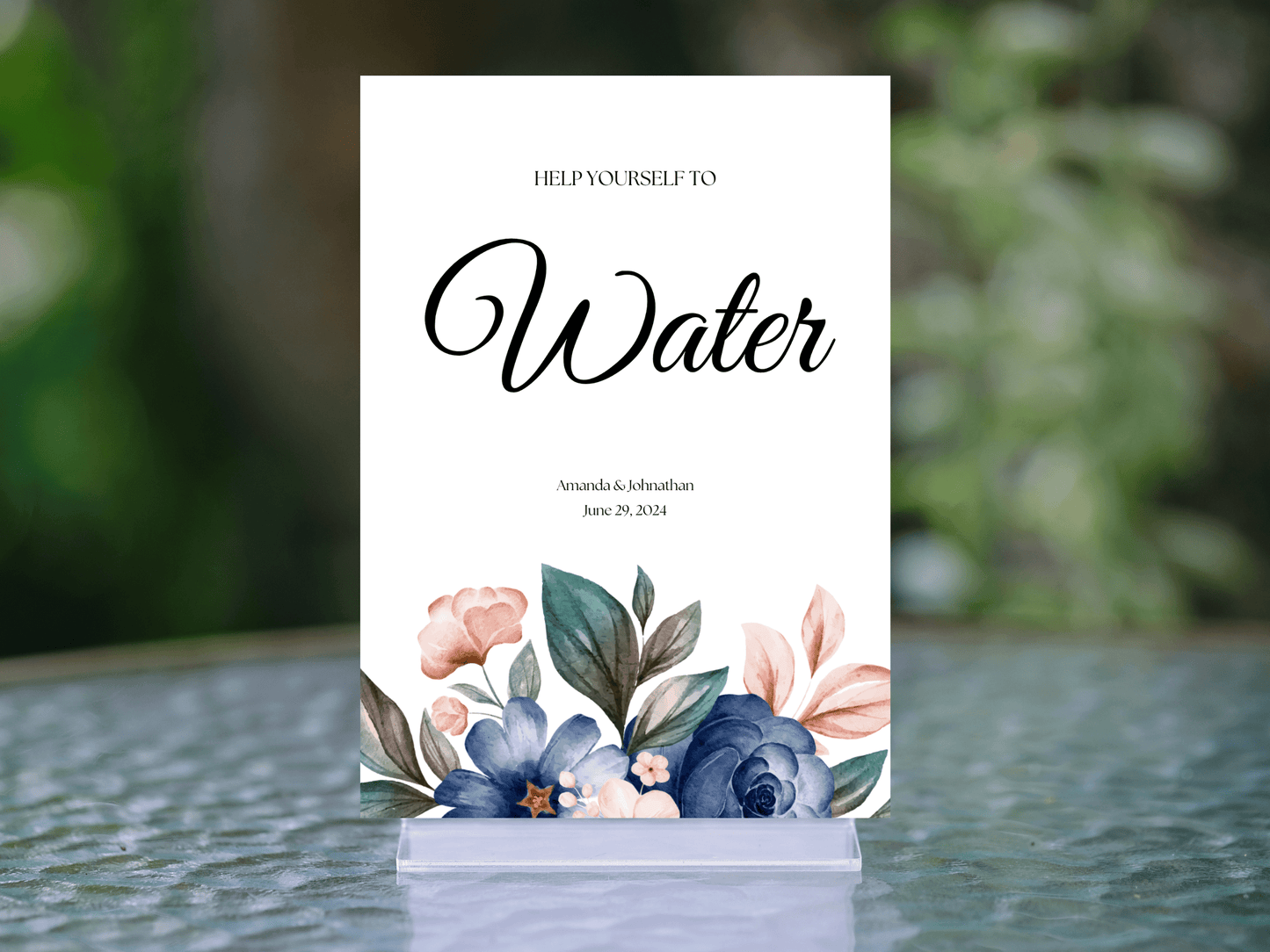 Pink & Blue Floral "Help Yourself To Water" Water Sign, Printable Templates