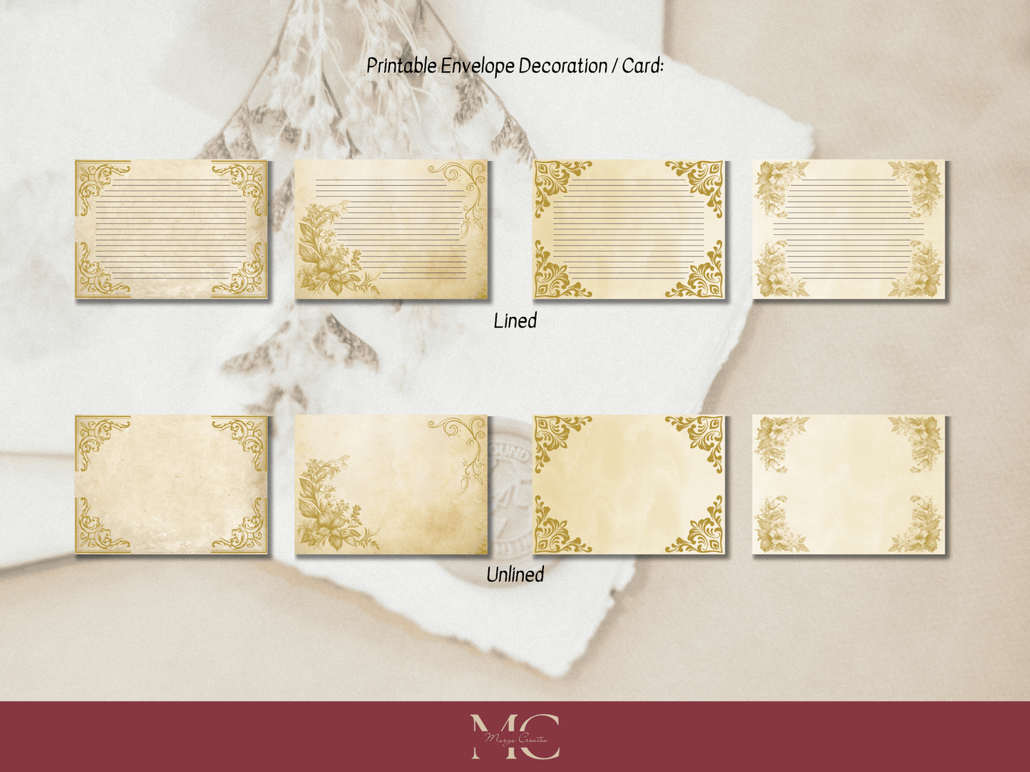 Vintage & Gold Paper Writing Stationary Set - Writing Paper, Address Labels, Envelope Decoration/Card, 8 Designs - 52 Pages