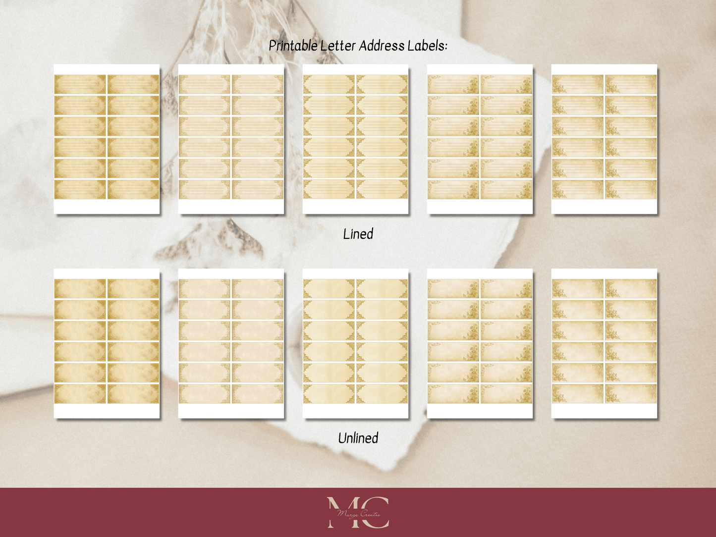 Vintage & Gold Paper Writing Stationary Set - Writing Paper, Address Labels, Envelope Decoration/Card, 8 Designs - 52 Pages