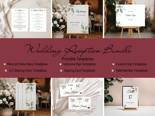 Watercolor Greenery Leaves 7Pc Wedding Reception Bundle with Alphabetical Seating Chart, Printable Templates