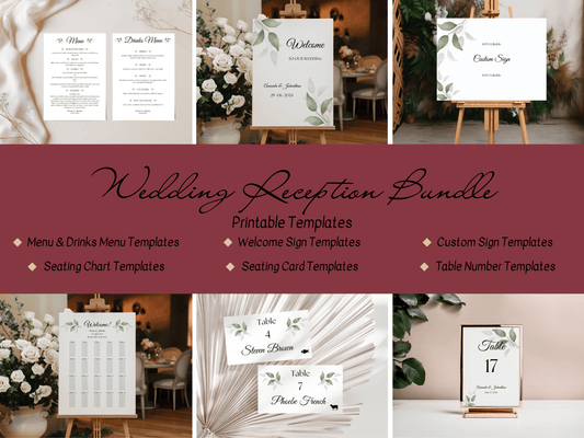 Watercolor Greenery Leaves 7Pc Wedding Reception Bundle with Seating Chart, Printable Templates