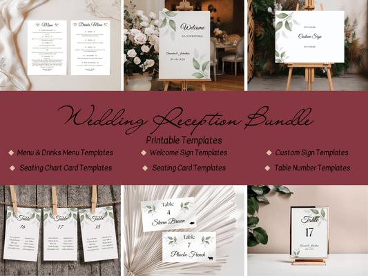 Watercolor Greenery Leaves 7Pc Wedding Reception Bundle with Seating Chart Card, Printable Templates