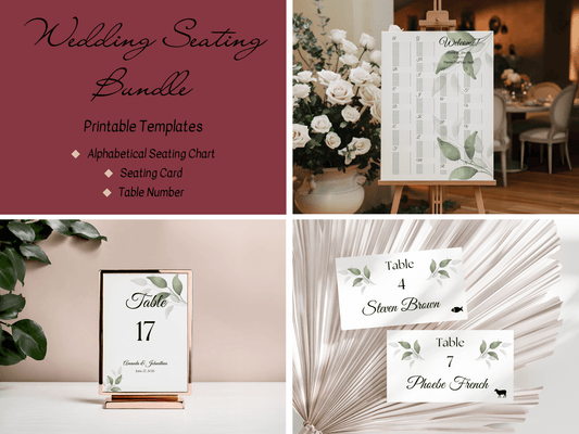 Watercolor Greenery Leaves Wedding Seating Template Bundle with Alphabetical Seating Chart, Printable Templates