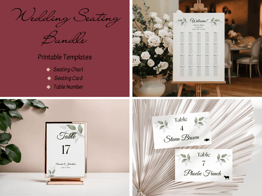 Watercolor Greenery Leaves Wedding Seating Template Bundle with Seating Chart, Printable Templates