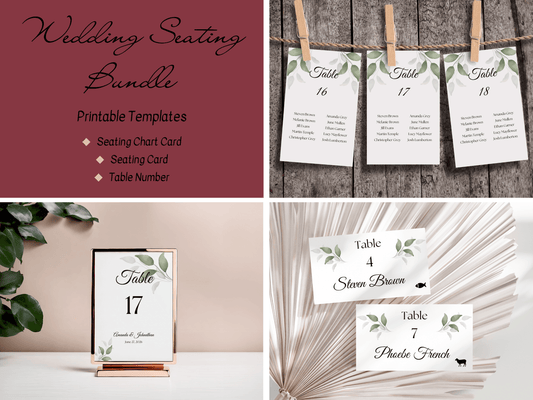 Watercolor Greenery Leaves Wedding Seating Template Bundle with Seating Chart Card, Printable Templates