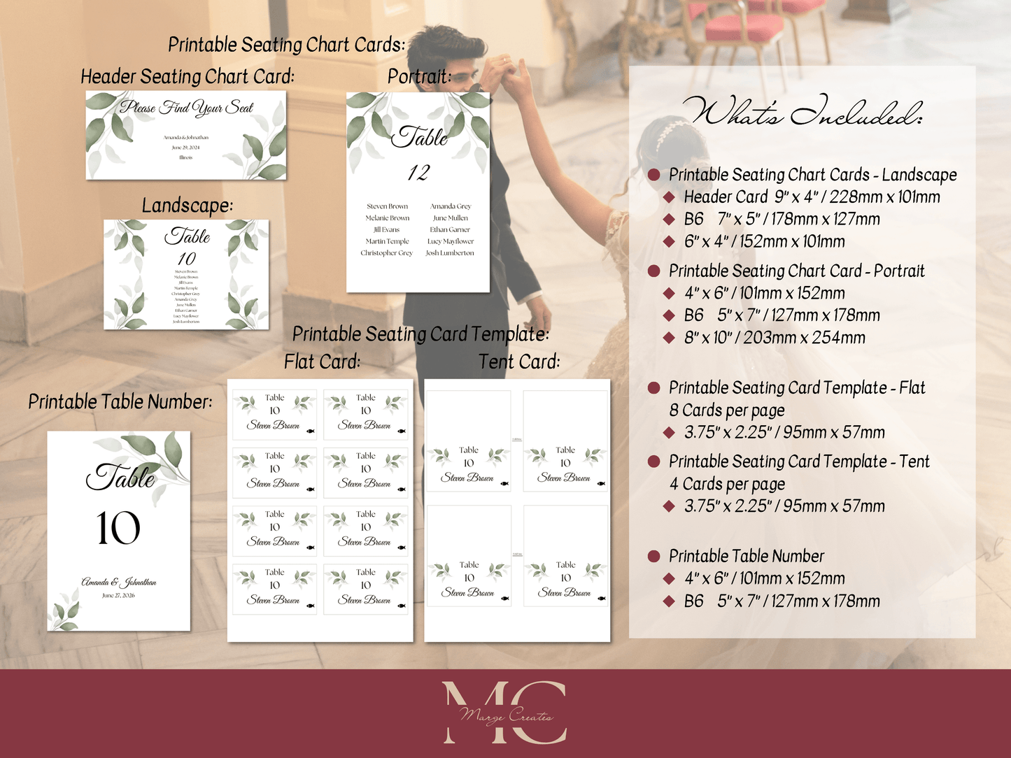 Watercolor Greenery Leaves 7Pc Wedding Reception Bundle with Seating Chart Card, Printable Templates