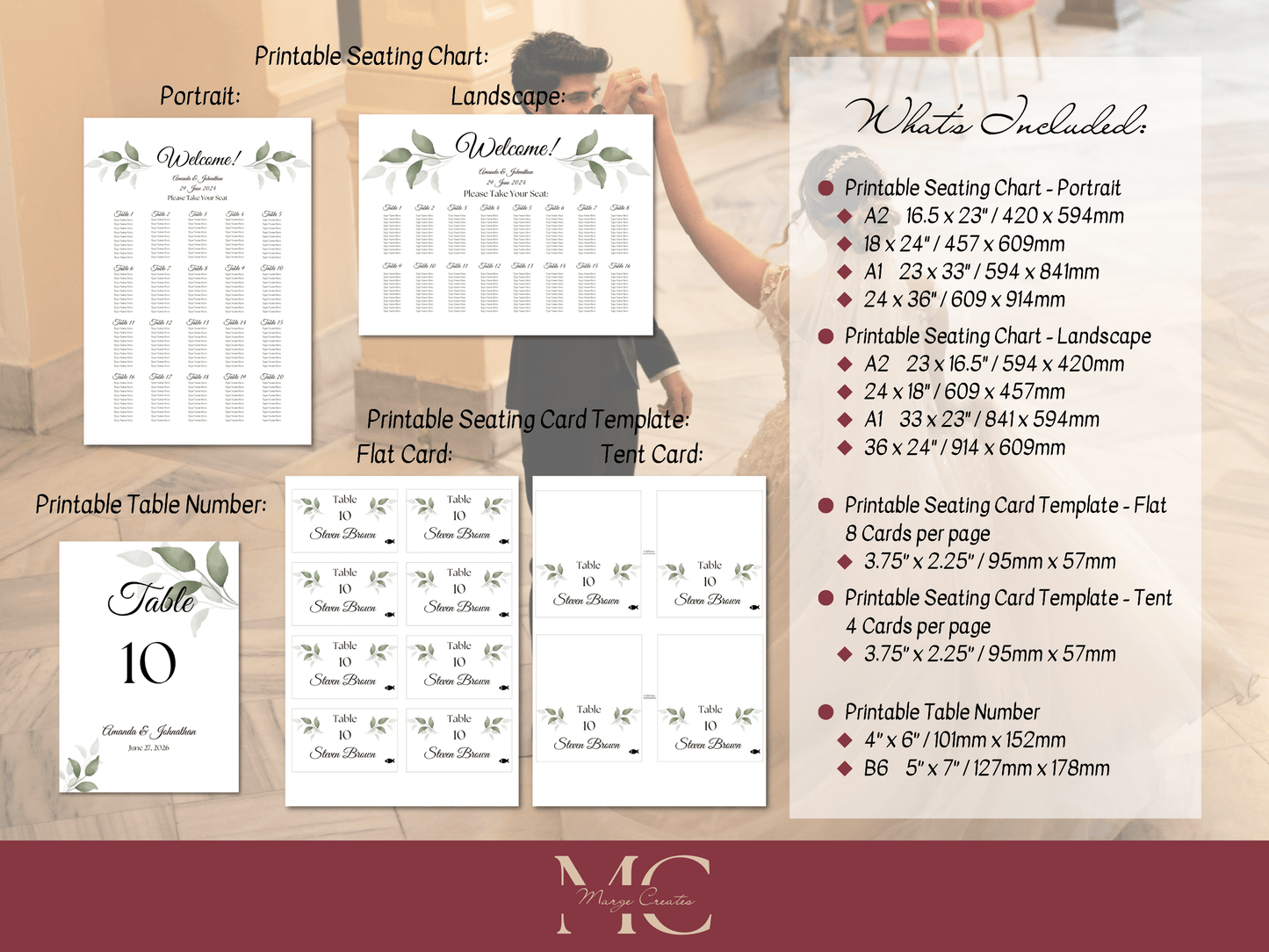 Watercolor Greenery Leaves 7Pc Wedding Reception Bundle with Seating Chart, Printable Templates