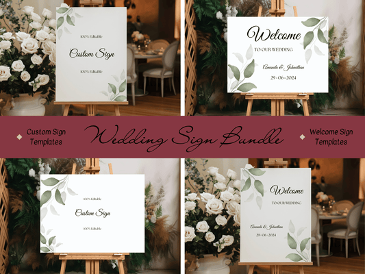 Watercolor Greenery Leaves Wedding Sign Template Bundle, Printable Templates