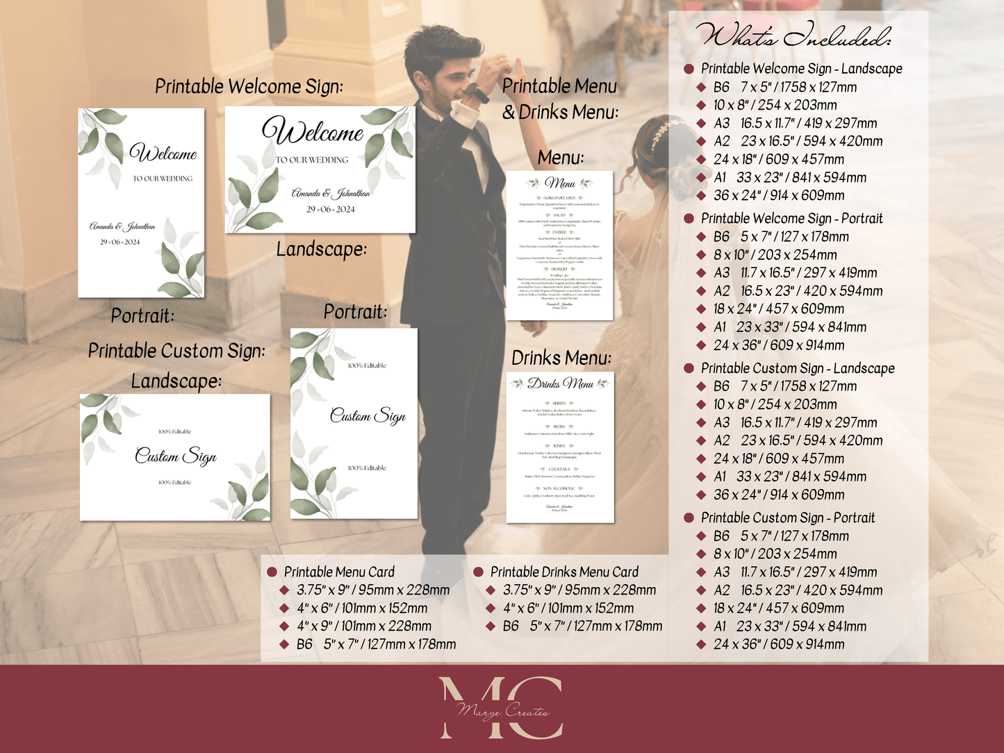 Watercolor Greenery Leaves 7Pc Wedding Reception Bundle with Seating Chart, Printable Templates